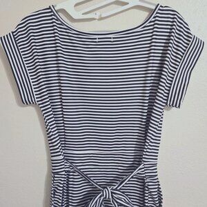 Miselon B/W Striped Mini Dress w/ Belt and Side Pockets Boat-Neck Size S Stretch